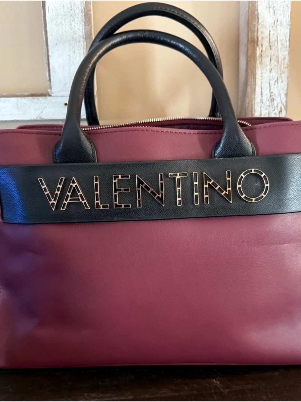 Valentino Burgundy and Black Logo Top-Handle Tote